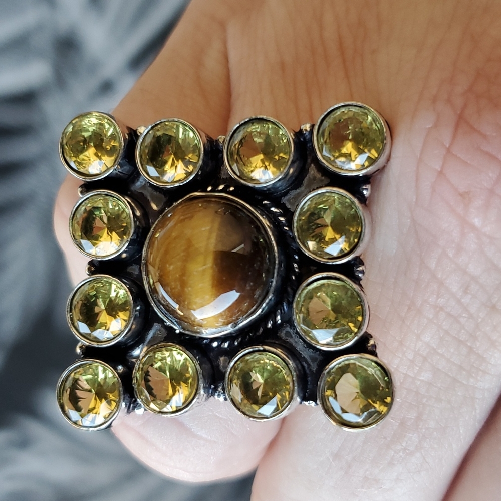 New Oversized Tiger Eye and Citrine 925 Silver Statement Ring. - Picture 6 of 8
